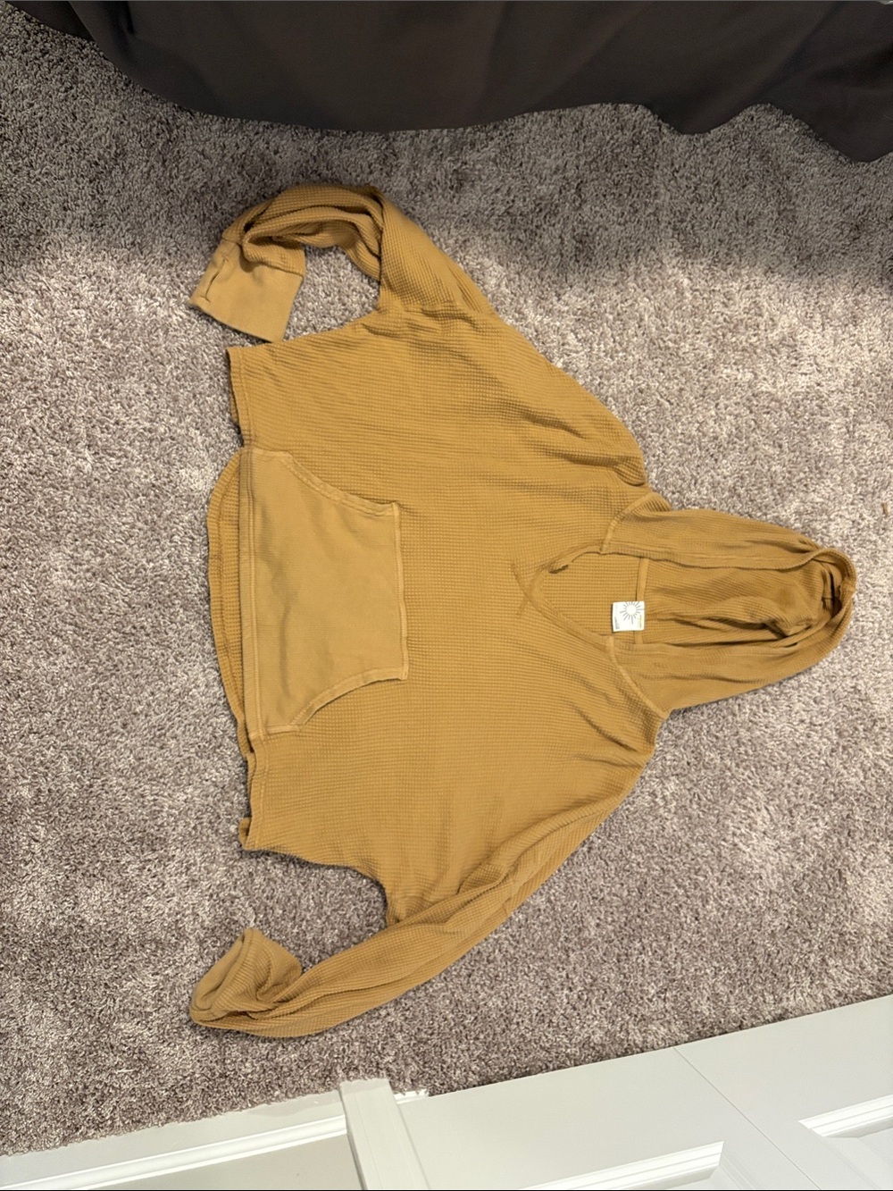 Mustard Waffle-Knit Hoodie Sweater - Women